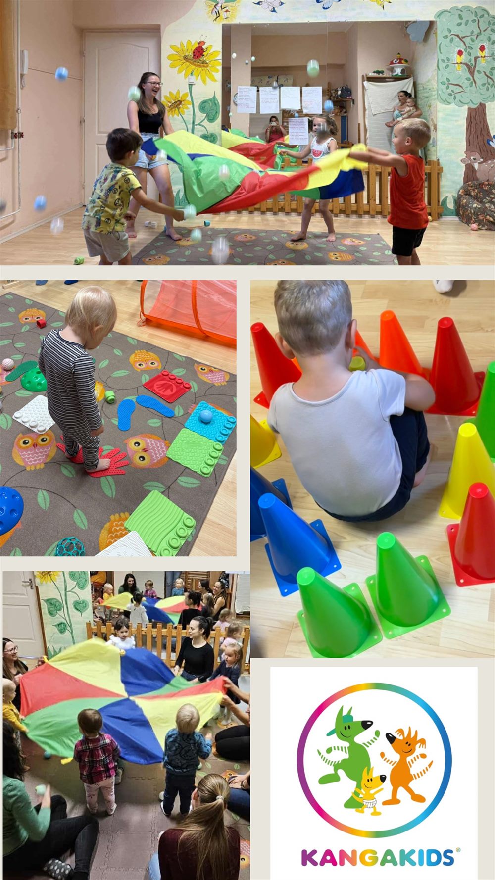 Fotókollázs a KangaKIDS foglalkozásokról: ejtőernyős játék, érzékelő szőnyegek, színes bóják
